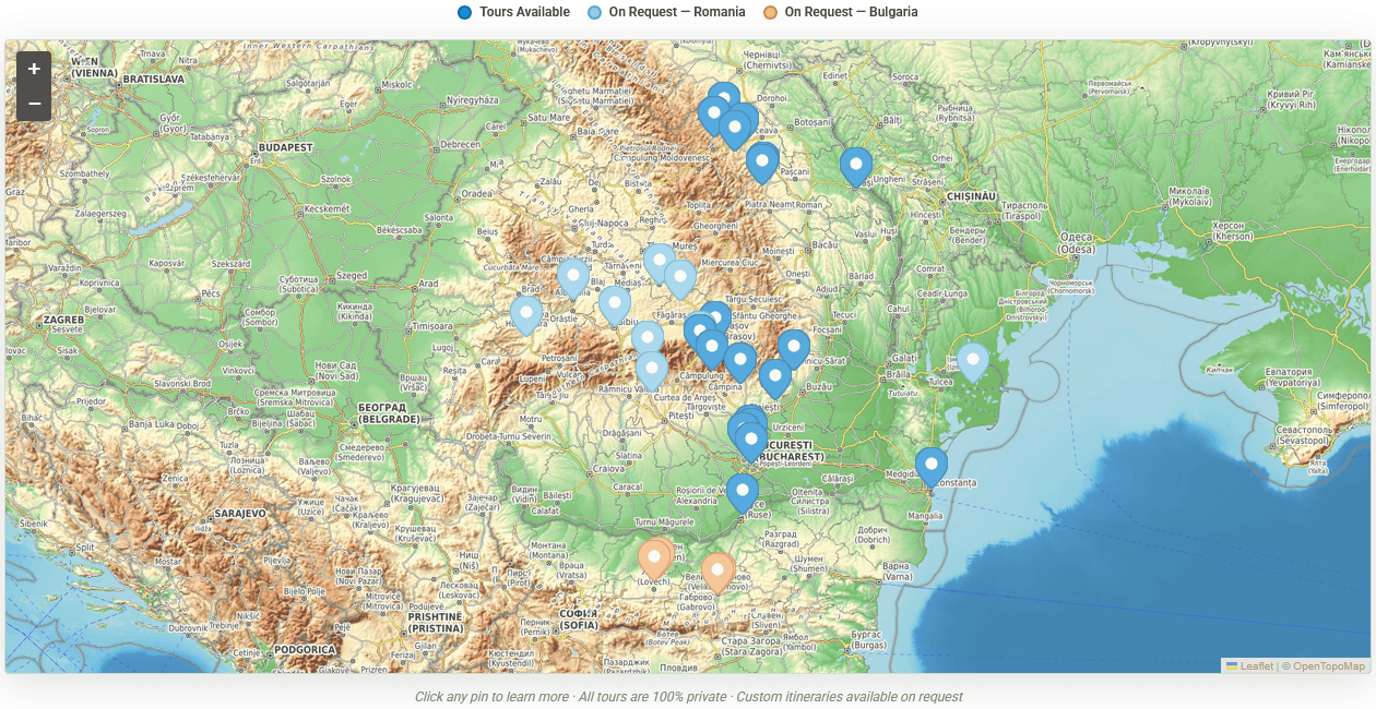 Map of Romania and Bulgaria showing all Discover Romania Tours destinations including Bucharest, Transylvania, Bucovina painted monasteries, Black Sea coast and Bulgaria